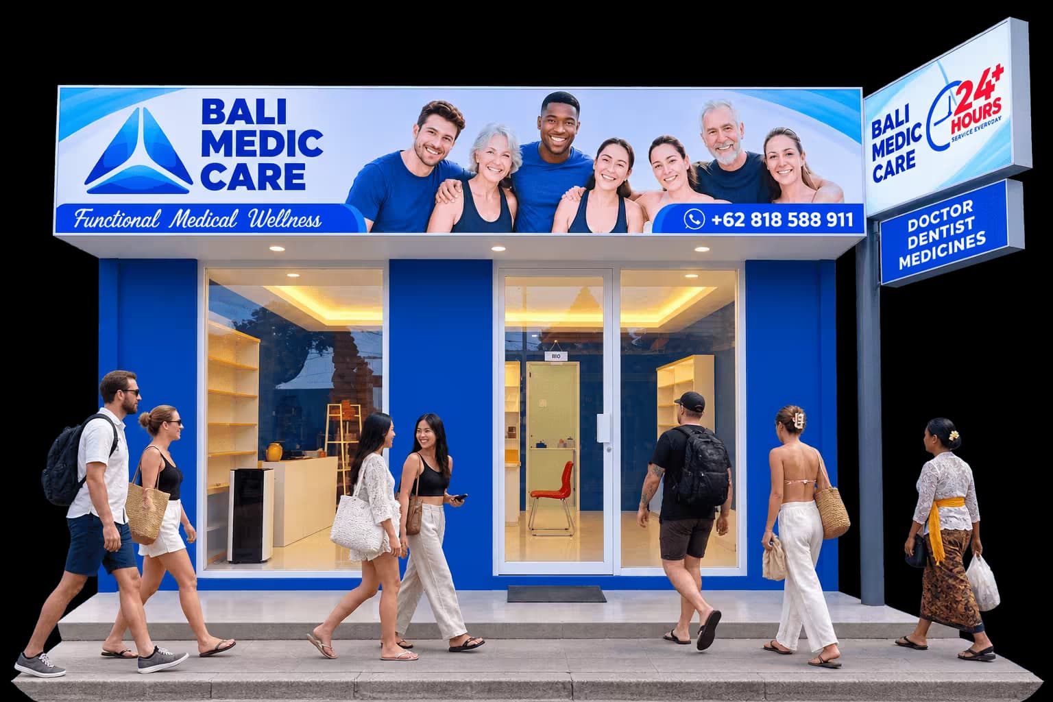 The Bali Medic Care clinic from the street: a blue frontage with the signboard above the entrance, and people walking past on the pavement.